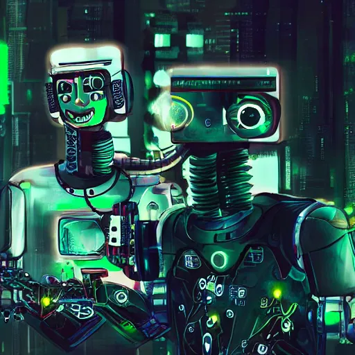 Image similar to Robots laughing at humans trying to generate images, 4k, cyberpunk, grunge