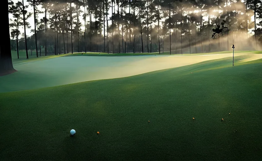 Image similar to augusta national, the masters, nr. 1 2, completely flooded, beautiful ambient light, stunning photography, fog, light rays