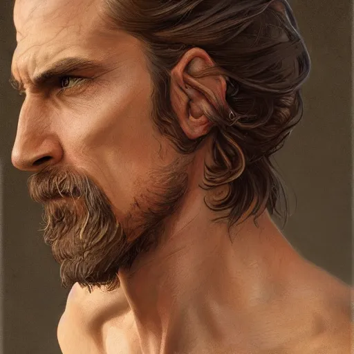 Image similar to portrait of a young, ruggedly handsome ranger, soft hair, muscular, half body, leather, fantasy, intricate, elegant, highly detailed, digital painting, artstation, concept art, smooth, sharp focus, illustration, art by artgerm and greg rutkowski and alphonse mucha