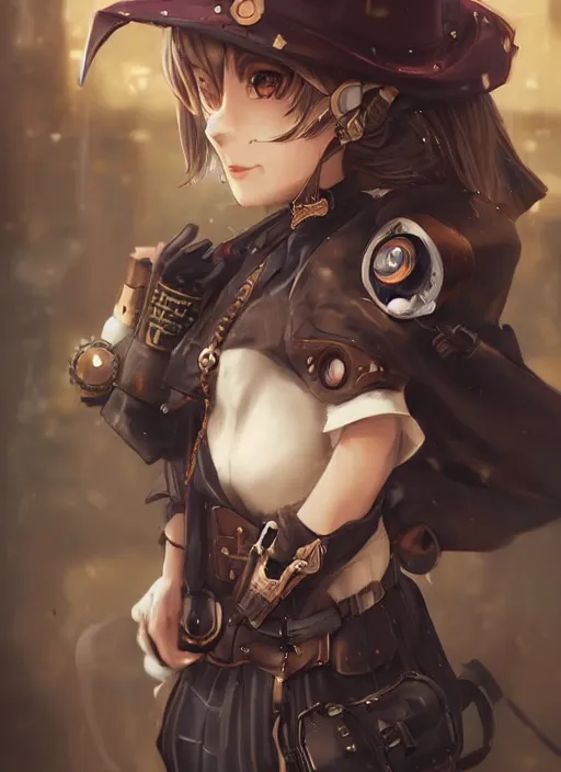 Image similar to steampunk themed anime girl with a steampunk robotic crow on her shoulder, finely detailed, portrait, beautiful, cinematic lighting, made by wlop, artgerm, illustration