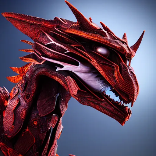 Image similar to stunning headshot of a beautiful anthropomorphic robot female dragon, with smooth and streamlined armor, posing elegantly, well detailed dragon head with epic detailed LED eyes maw, sharp and dangerous sleek design, two arms, beautiful digital art, artstation, DeviantArt, FurAffinity, professional, depth of field, close-up, hd, octane render, sunset lighting