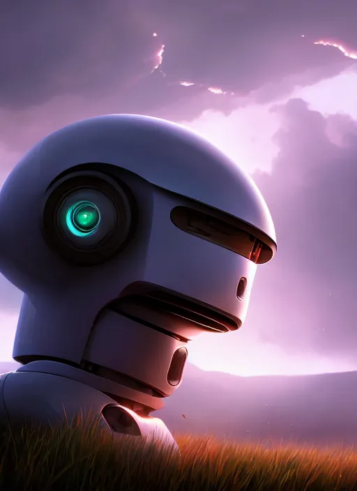 Prompt: the android robot works in the data center closeup macro face, cinematic view, epic sky, detailed, concept art, low angle, high detail, warm lighting, volumetric, godrays, vivid, beautiful, trending on artstation, by jordan grimmer, huge scene, grass, art greg rutkowski