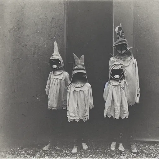 Image similar to portrait of children wearing masks, photograph, style of atget, 1 9 1 0, creepy, dark