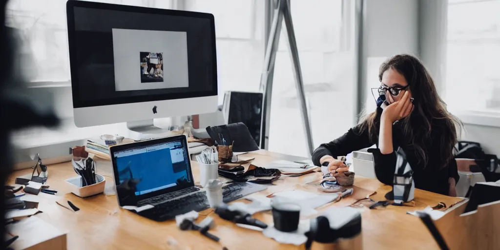 Prompt: photography of social media manager sitting at her desk