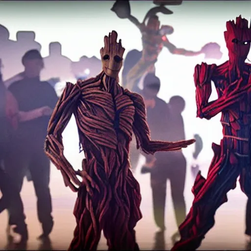 Image similar to groot and optimus prime dancing at techno party among people, wide shoot, after effect, ultra realistic