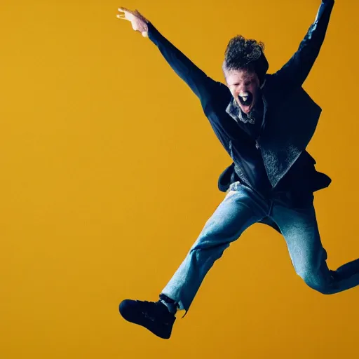 Prompt: man jumping by album cover, UHD, 4K, 8K