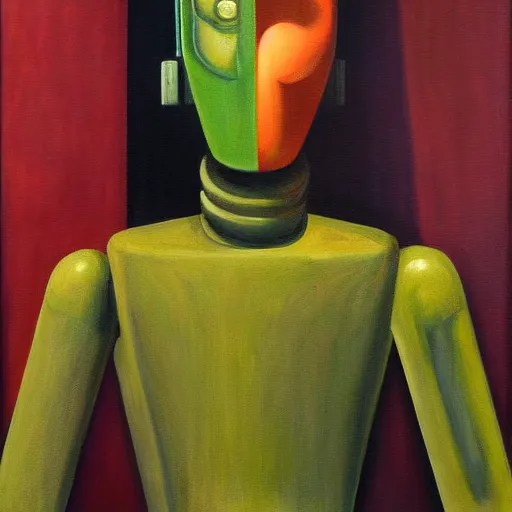 Image similar to sad robot portrait, visage, dystopian, pj crook, edward hopper, oil on canvas