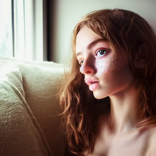 Prompt: intricate crisp portrait of a cute thin young woman, light bronze brown hair, very detailed vivid green eyes, red blush, light freckles, soft smile, casual clothes, relaxing on the couch, home interior, golden hour, close up shot, 8 k, art by irakli nadar, hyperrealism, hyperdetailed, ultra realistic