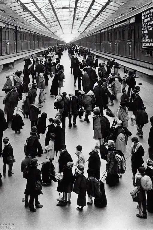 Prompt: small people inside of a tall railway station, photo by Brassaï,