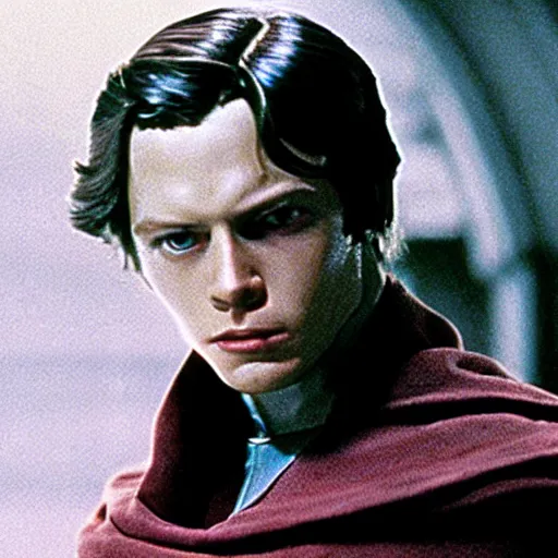 Image similar to film still of young sebastian shaw as jedi in new star wars movie, dramatic lighting, highly detailed face, kodak film, wide angle shot, colorized film