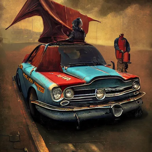 Prompt: A car with a giant fan attached to its hood, diesel punk , beautiful digital art, cinematic composition, detailed, concept art, Matt painting, oil painting, high res, norman rockwell artwork style,