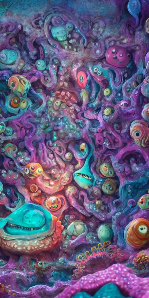 Image similar to of a colorful deep sea cave with strange cute friendly happy creatures with huge eyes, mouth, long tongue and round teeth appearing from sandy coral, in the style of gehry and gaudi, macro lens, shallow depth of field, ultra detailed, digital painting, trending artstation, concept art, illustration, cinematic lighting, photorealism, epic, octane render