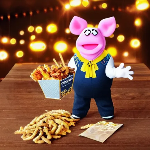 Prompt: cut obese pig wearing a gold crown as a Muppet eating out of a snack bags 8k