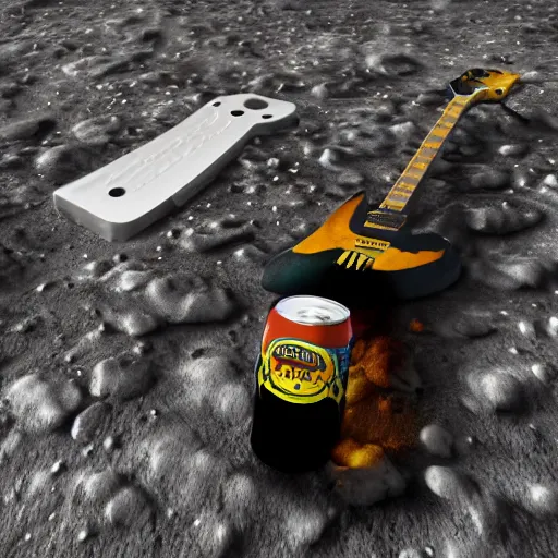 Prompt: detailed realistic idle regular sized electric guitar and a detailed realistic idle regular sized beer can on the moon surface. detailed photo