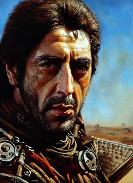 Prompt: portrait of young 1 9 7 0 s al pacino as warlord villain character in mad max 2 : the road warrior, film still, detailed realism face in painting, detailed beautiful portrait, oil painting masterpiece, 8 k resolution, smooth, sharp focus, trending on artstation, by rembrandt