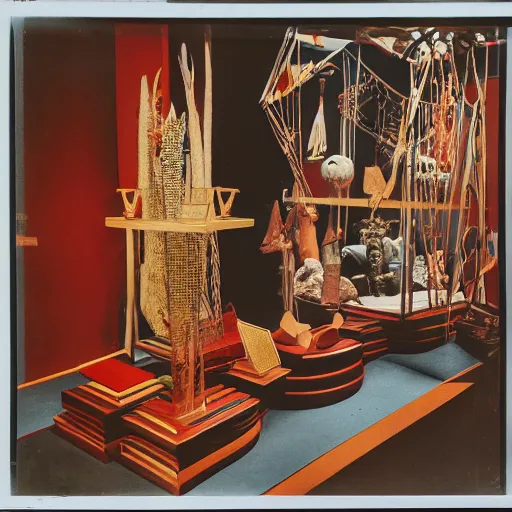 Image similar to An offset photography of an object on display, three colors, anthropology of wonder, (exotic artifacts), bauhaus, colonial expedition, exhibition, 60s style