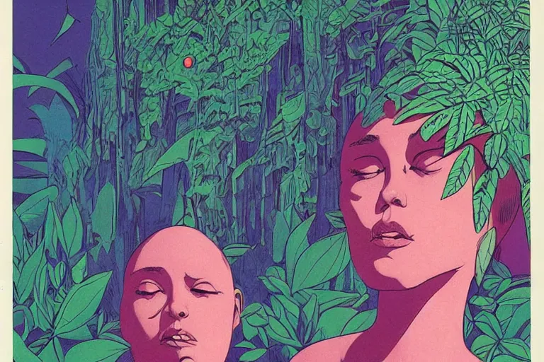 Image similar to gigantic woman head, a lot of exotic vegetation around, trees, flowers, risograph!, oldschool vintage sci - fi flat surreal design, super - detailed, fullshot, painting by moebius and luigi serafini