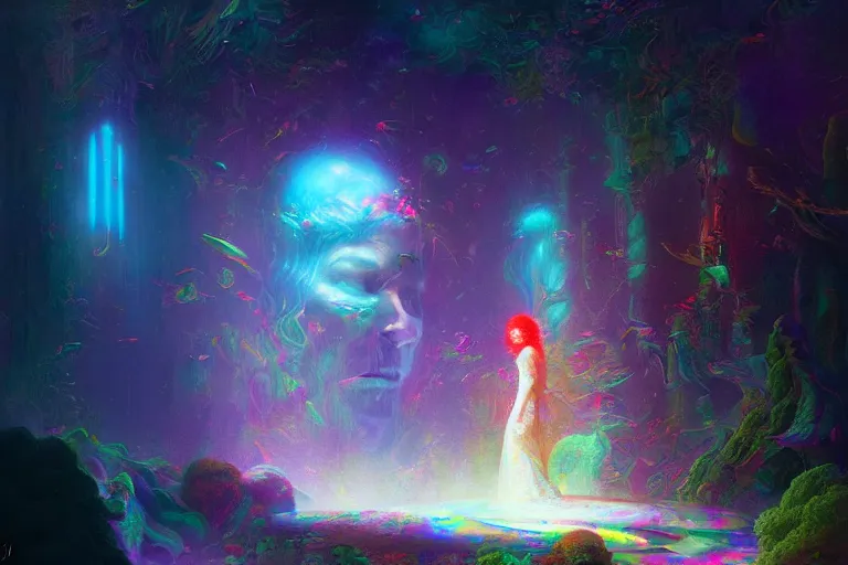 Image similar to a psychedelic realm hidden away in a pocket of ethereal understanding / astral beings sharing love greg rutkowski wlop lisa frank bob ross / ruan jia / illustration
