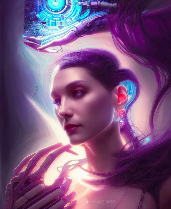 Image similar to a whirlwind of souls rushing inside the metaverse, hologram, half body, neurochip, shaved temple, piercing, jewelry, android, cyborg, cyberpunk face, by loish, d & d, fantasy, intricate, elegant, highly detailed, colorful, digital painting, artstation, concept art, art by artgerm and greg rutkowski and alphonse mucha