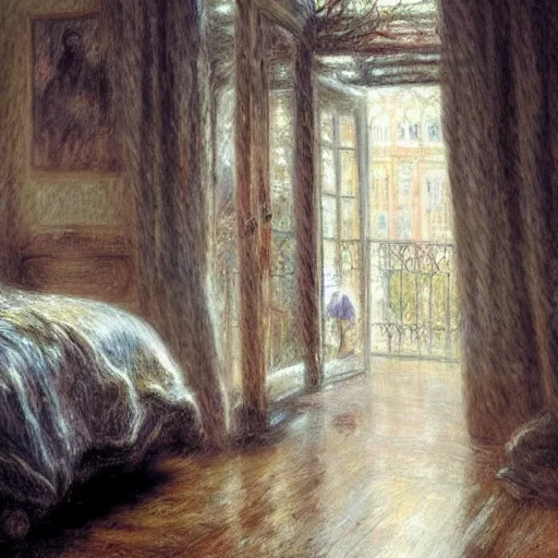 Image similar to on a rainy day, someone in home sits in bed, curled up under the covers, watching the rain outside the window, cinematic, artstation, extremely detailed, intricate, cinematic lighting, art by pierre - auguste renoir, arie johannes lamme, greg rutkowski