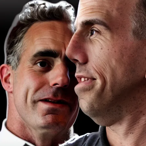 Image similar to Jordan Peterson and Joe Rogan kissing, photo, tabloid, photorealistic, 4k