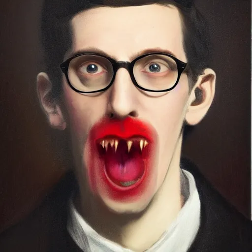 Prompt: 19th century portrait of Neil Cicierega looking forward holding his cat, serious facial expression, digital artwork, highly detailed, trending on artstation, red colors, dark, dreamlike, mystical, red lights, contrast, black background, digital painting, 8K