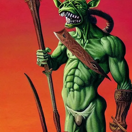 Prompt: dog - faced muscular goblin, ugly face, lizard tail, holding scimitar made of bone, scimitar, sword, jagged sword, curved sword, orkish sword, colorized, green skin, red sky, hyper - detailed, primeval fantasy, prehistoric fantasy, art by jacques - louis david