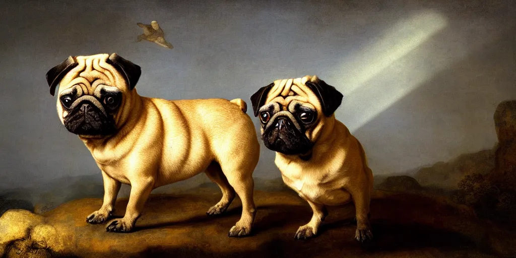 Prompt: muscular pug dog sitting on a shield with backlight , sun rays , big shadows, small bird sihouettes in cyan background , very textured detailed panoramic oil painting by rembrandt , hard backlight , in dark cave