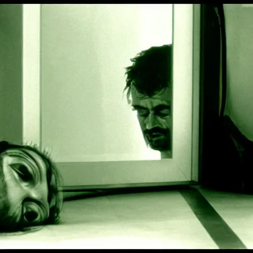 Prompt: a man head and a robot head in a moment of repulsion and jealousy, movie still, by Andrzej Zulawski