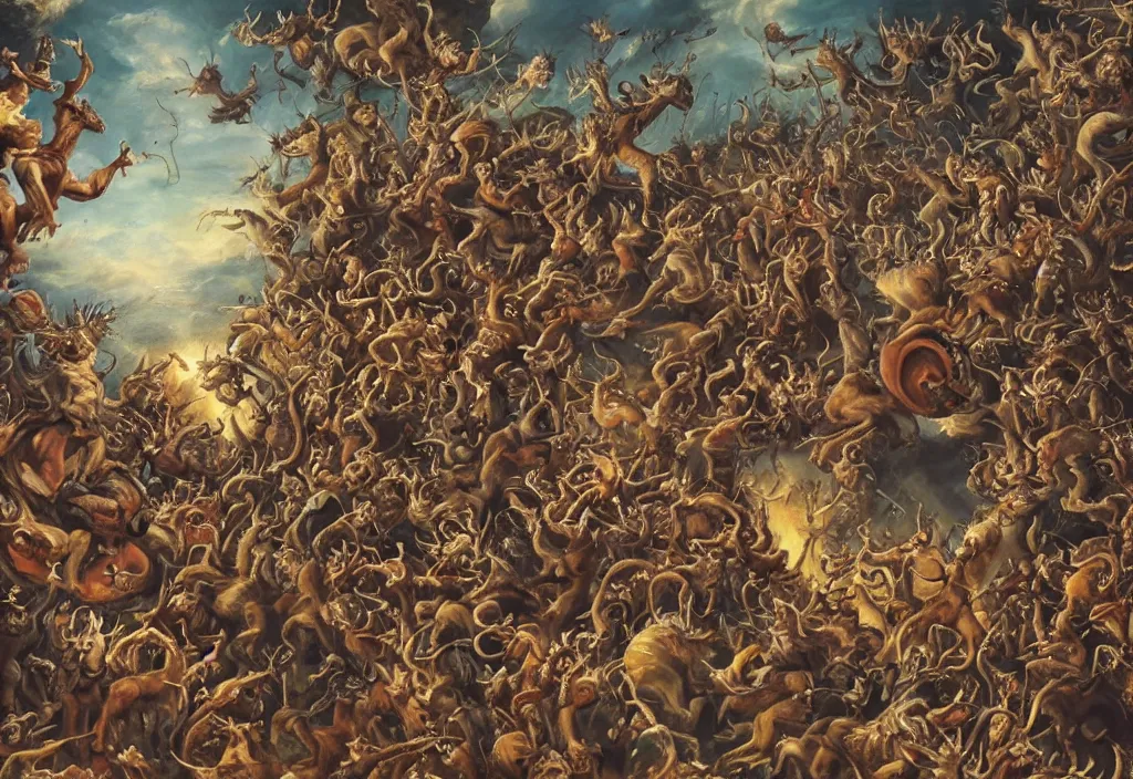 Image similar to a painting of the squirrel king fighting a vast horde of demons