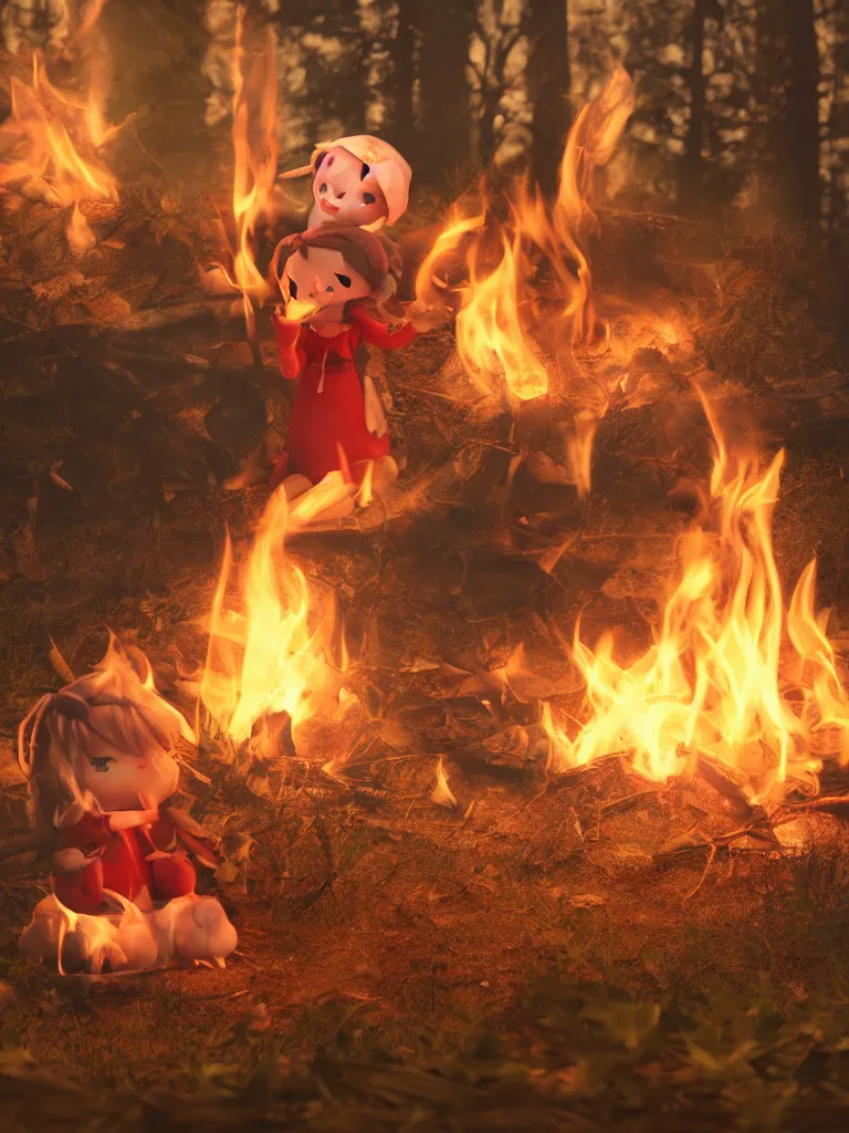 Prompt: cute fumo plush pyromaniac girl giddily starting a fire in the forest, campfire, flames, warm glow and volumetric smoke vortices, composition, vignette, vray