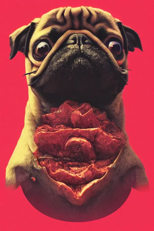 Image similar to demon pug eating flesh. art by mike winkelmann, sticker, illustration, highly detailed,