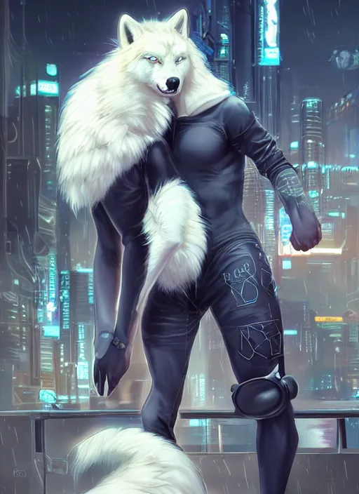 Image similar to award winning beautiful portrait commission art of a muscular male furry anthro albino wolf fursona with a tail and a cute beautiful attractive detailed furry face wearing black stylish cyberpunk pants and boots in a cyberpunk city at night while it rains. Character design by charlie bowater, ross tran, artgerm, and makoto shinkai, detailed, inked, western comic book art
