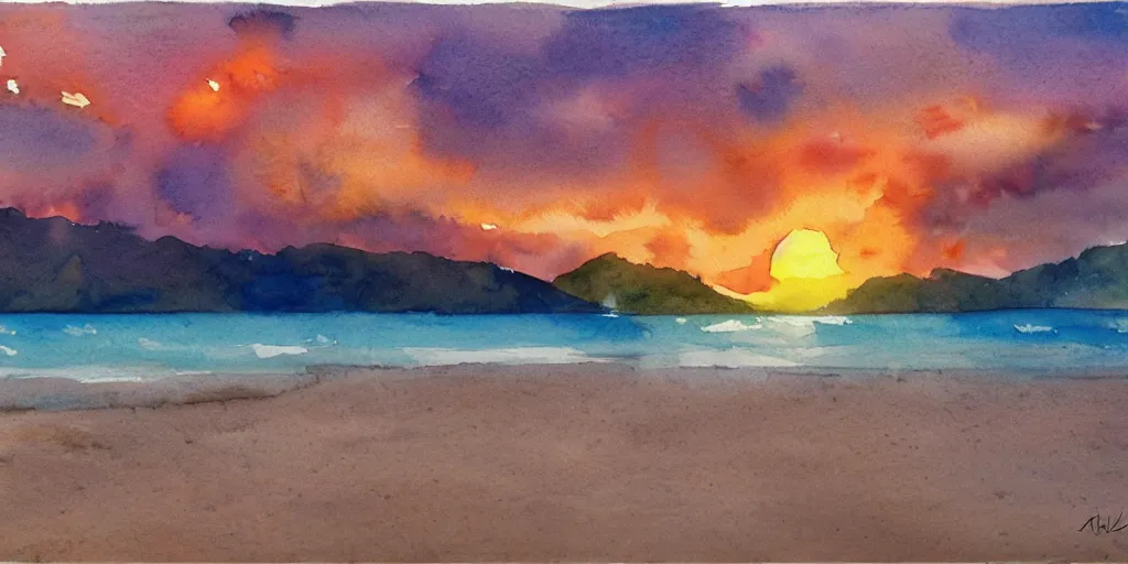 Image similar to tata beach, golden bay new zealand, abel tasman, amazing sunset watercolor painting, trending on artstation