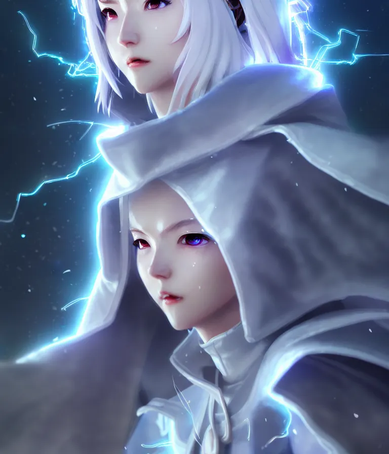 Image similar to female superhero of the rainstorms with shimmering white uniform, cloak and robes and silver hair, lightning and thunderclouds all around, fantasy character concept art in japanese anime style with photorealistic rendering digital painting of the century award octane render artstation hypervivid detailed