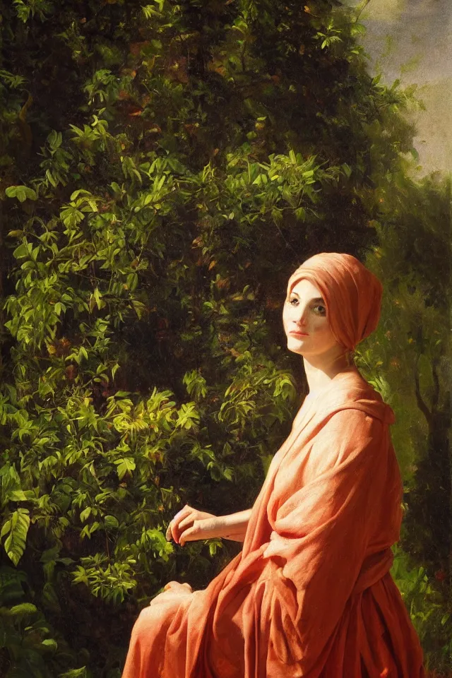 Image similar to chiaroscuro painting, dapple light, portrait, a beautiful woman in robes in a lush garden,