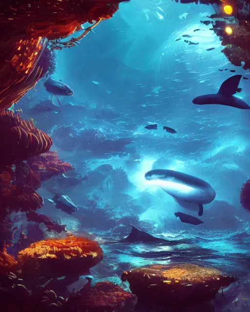 Prompt: underwater atlantis, glowing lights, whales, light, shadows, rippling reflections, epic composition, intricate, elegant, volumetric lighting, digital painting, highly detailed, artstation, sharp focus, illustration, concept art, ruan jia, steve mccurry
