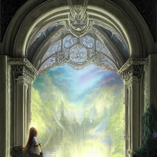 Image similar to large intricately decorated arch, view to a fantasy world, ethereal back light, mist, coherent composition, fantasy painting by artgerm, greg rutowski, noriyoshi ohrai, yuumei