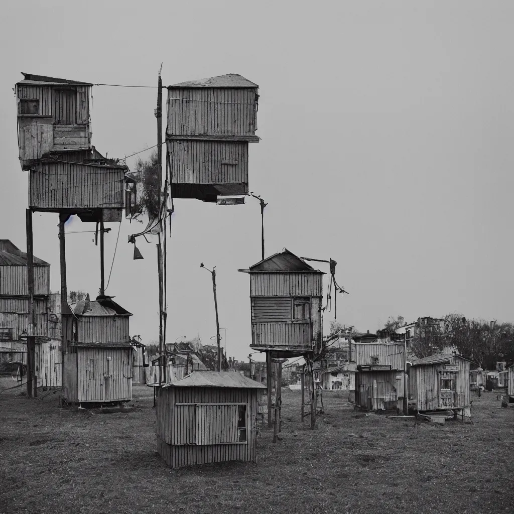 Image similar to two suspended towers made up of colourful makeshift squatter shacks, plain uniform sky at the back, misty, mamiya rb 6 7, ultra sharp, very detailed, photographed by uta barth