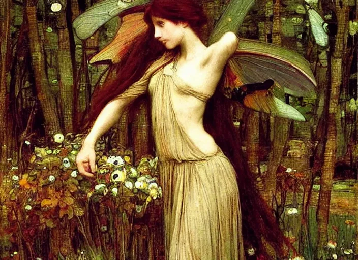 Image similar to a masterpiece painting of a beautiful, lean faerie queen by john william waterhouse, symmetrical, muted colors