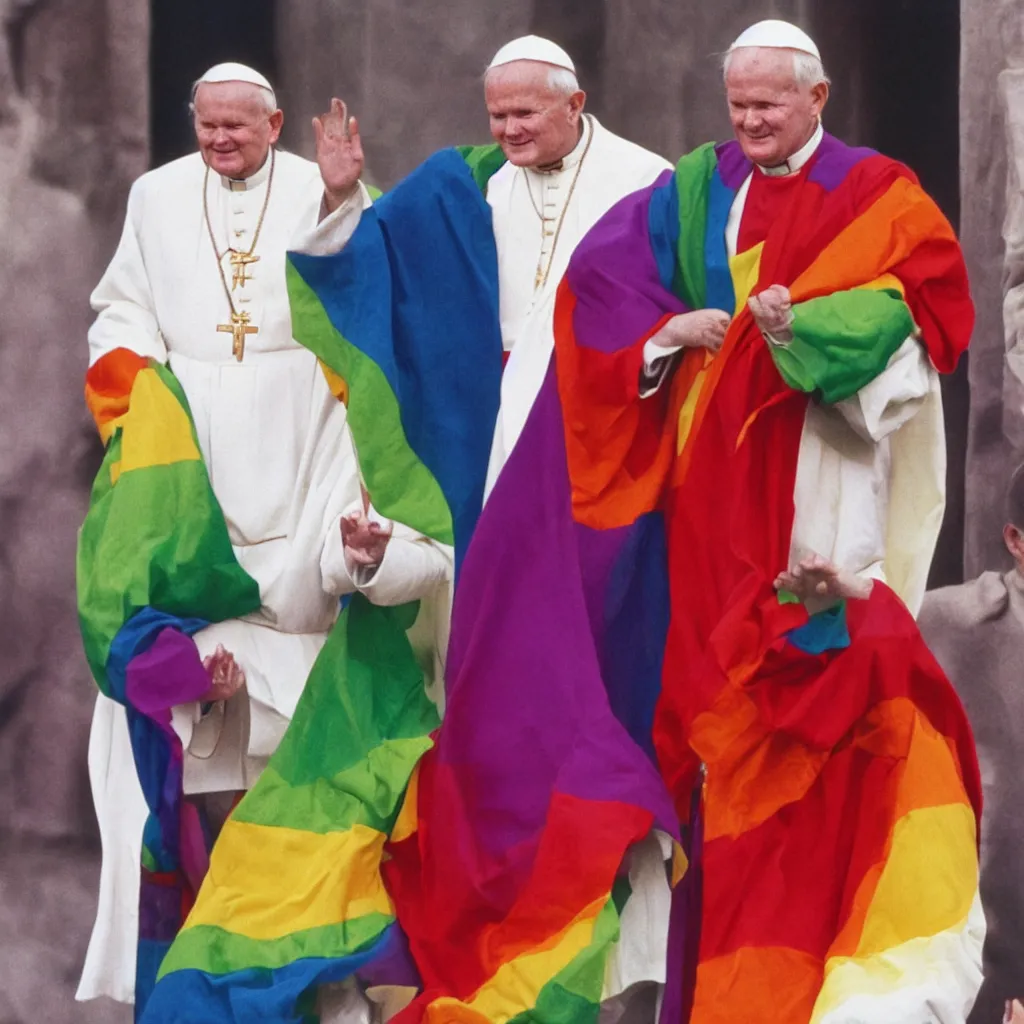 Prompt: John Paul II wearing a lgbt colored robe