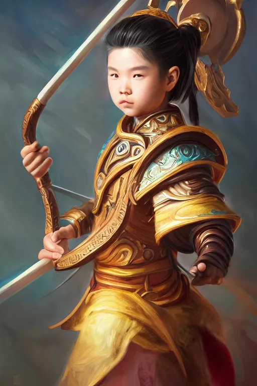 Image similar to a masterpiece portrait of nezha, handsome kid wear holding spear, fantasy character portrait, hyper detailed, digital painting, 8 k realistic, trending on artstation, sharp focus, dof, by ne zha ( 2 0 1 9 ), fenghua zhong, artgerm, ne zha from smite, tsuyoshi nagano, top lighting