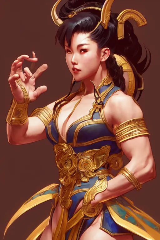 Image similar to beautiful chun li, full body shot, d & d, fantasy, intricate, elegant, highly detailed, digital painting, artstation, concept art, matte, sharp focus, illustration, hearthstone, art by artgerm and greg rutkowski and alphonse mucha