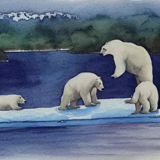 Prompt: an idyllic pastoral watercolor of polar bears fighting