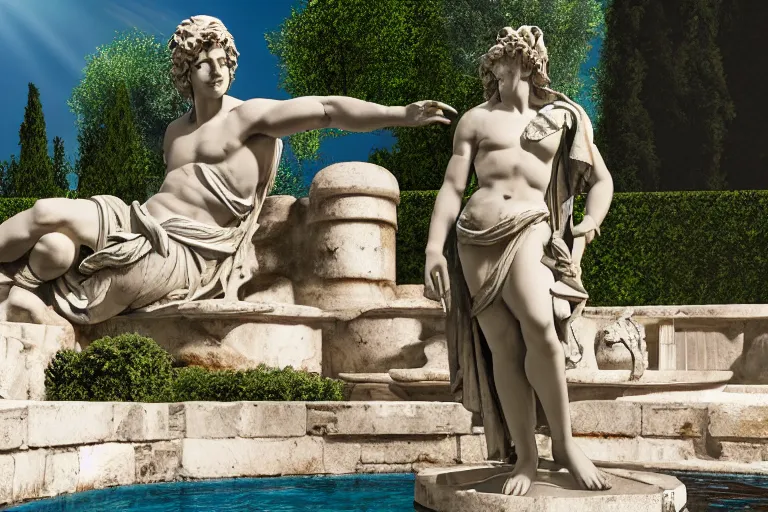 Prompt: photo of a beautiful greek statue in a garden surrounded by fountains, 4 k, hyper realistic, lens flare, octane render, hyper detailed, accurate proportions