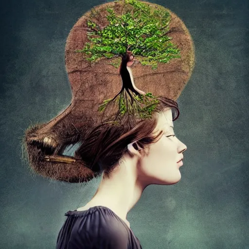 Prompt: woman with tree growing out of her head, beautiful, artistic, digital art