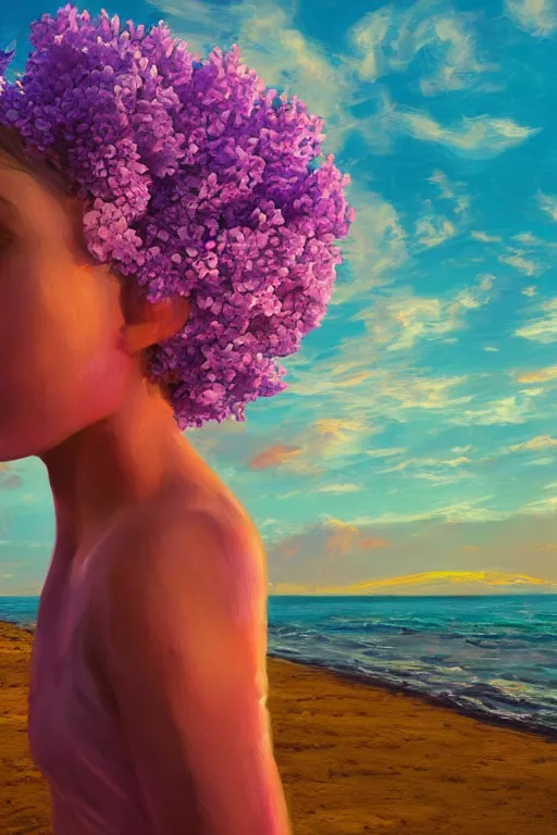 Image similar to closeup, giant lilac flower head, girl on beach, surreal photography, golden hour, colorful clouds, impressionist painting, digital painting, artstation, simon stalenhag