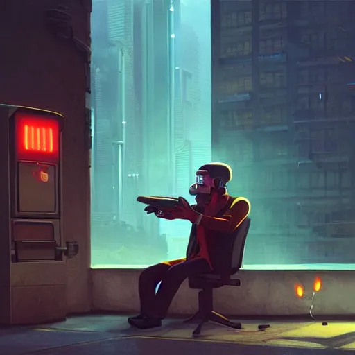 Image similar to An android smoking a cigar in a cyberpunk setting by Evgeny Lushpin, trending on Artstation, unreal engine