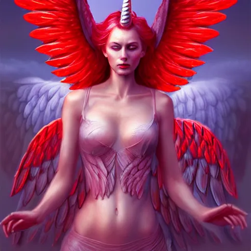 Prompt: woman - unicorn hybrid red angel - wings, stunning, realistic, symmetric portrait, face, intricate, very detailed, fantasy digital art, trending in artstation, marc simonetti