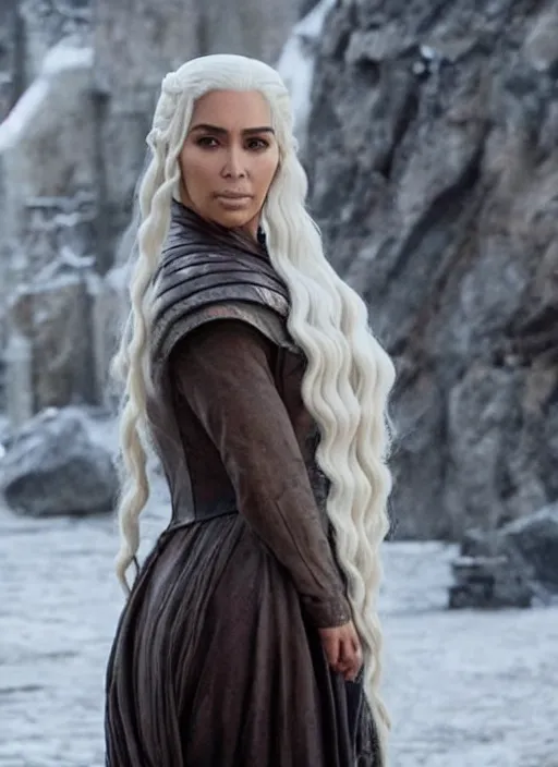 Image similar to film still of beautiful beautiful kim kardashian as daenerys targaryen in game of thrones.